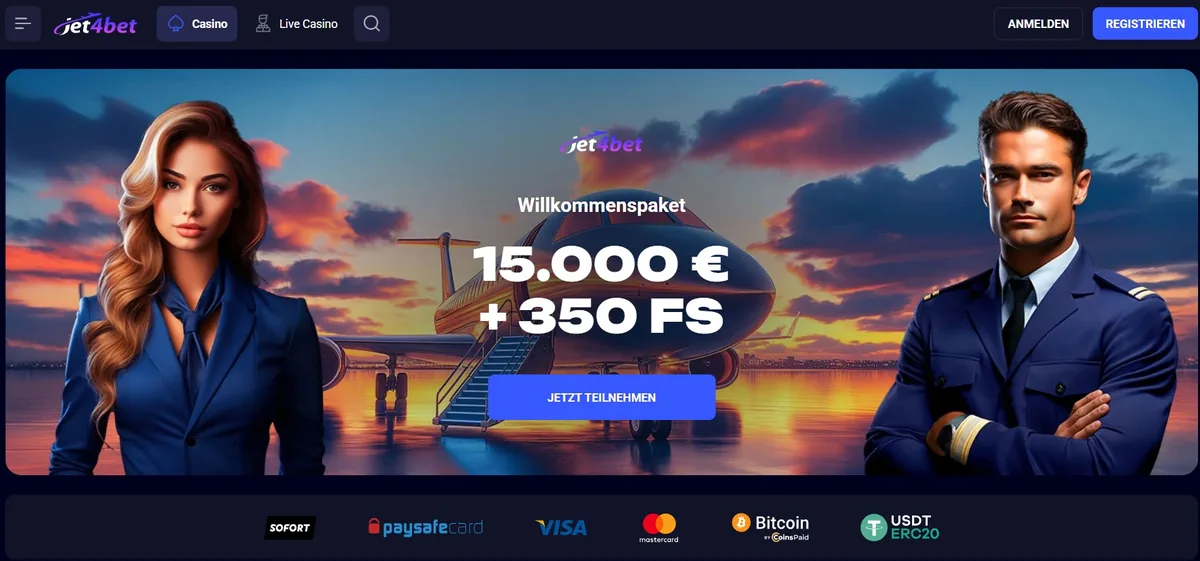 Jet4bet Screenshot: Die Jet4bet-Startseite mit Willkommenspaket im Aviation-Design
