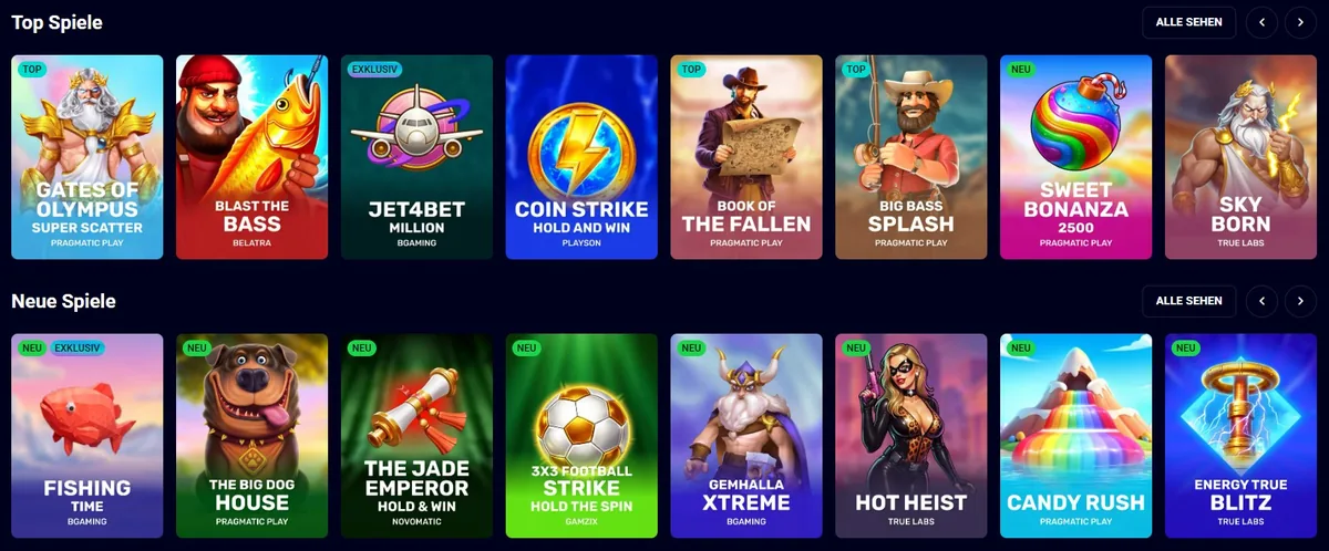 Jet4bet Screenshot: Die Spielauswahl mit Top-Slots und neuen Titeln