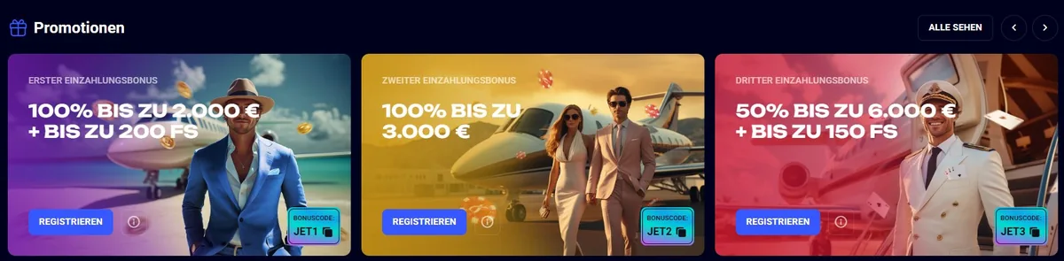 Jet4bet Screenshot: Die vier Einzahlungsboni mit den Bonuscodes JET1, JET2, JET3 und JET4