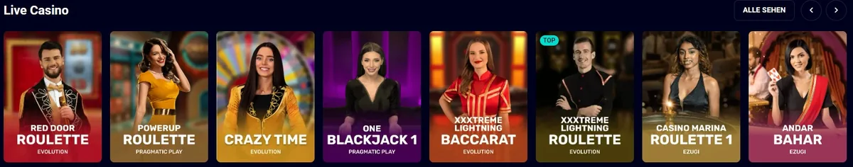 Jet4bet Screenshot: Live-Casino mit Roulette, Crazy Time und Blackjack von Evolution
