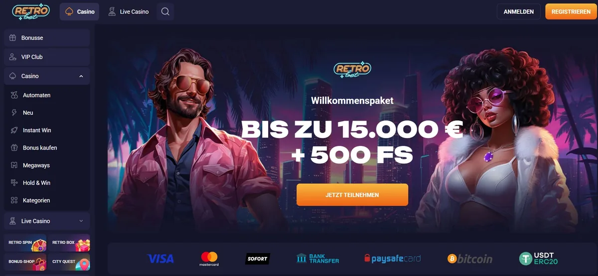 Retrobet Screenshot: Die Retrobet-Startseite im Retro-Look mit Willkommenspaket und Seitenmenü