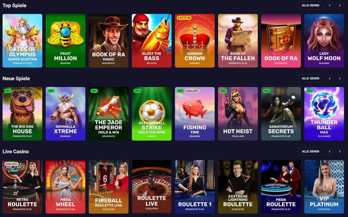 Retrobet Screenshot: Slot-Auswahl und Live-Casino mit mehreren tausend Spielen