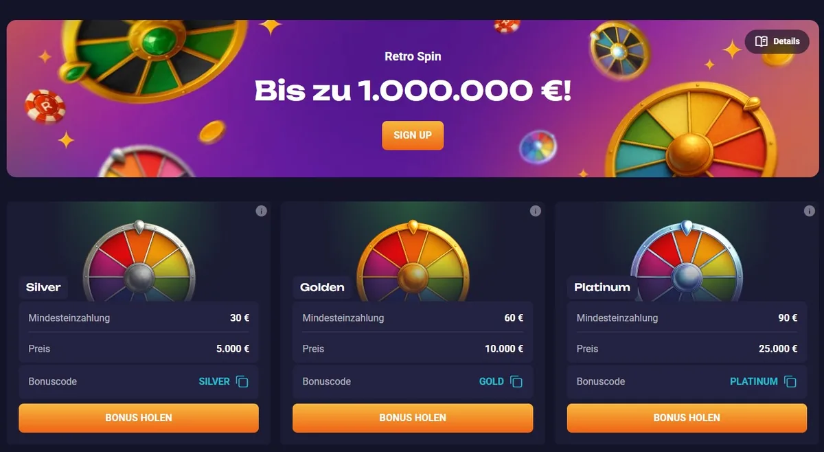 Retrobet Screenshot: Das Glücksrad „Retro Spin“ mit Silver-, Golden- und Platinum-Stufe