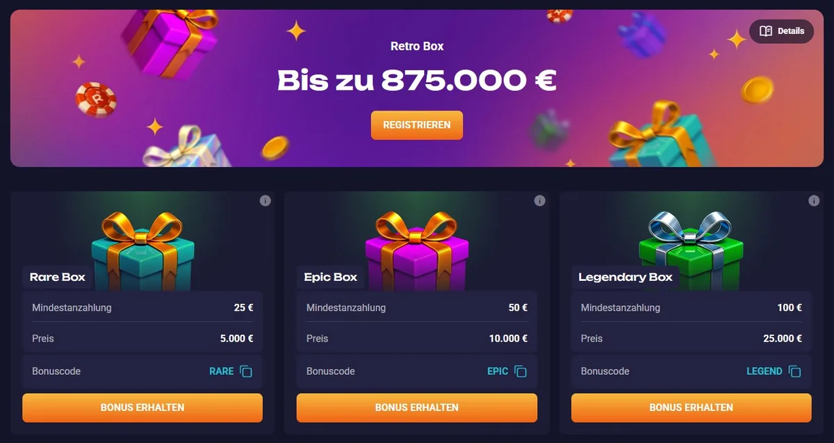 Retrobet Screenshot: Der „Retro Box“-Bonus-Shop mit Rare-, Epic- und Legendary-Boxen