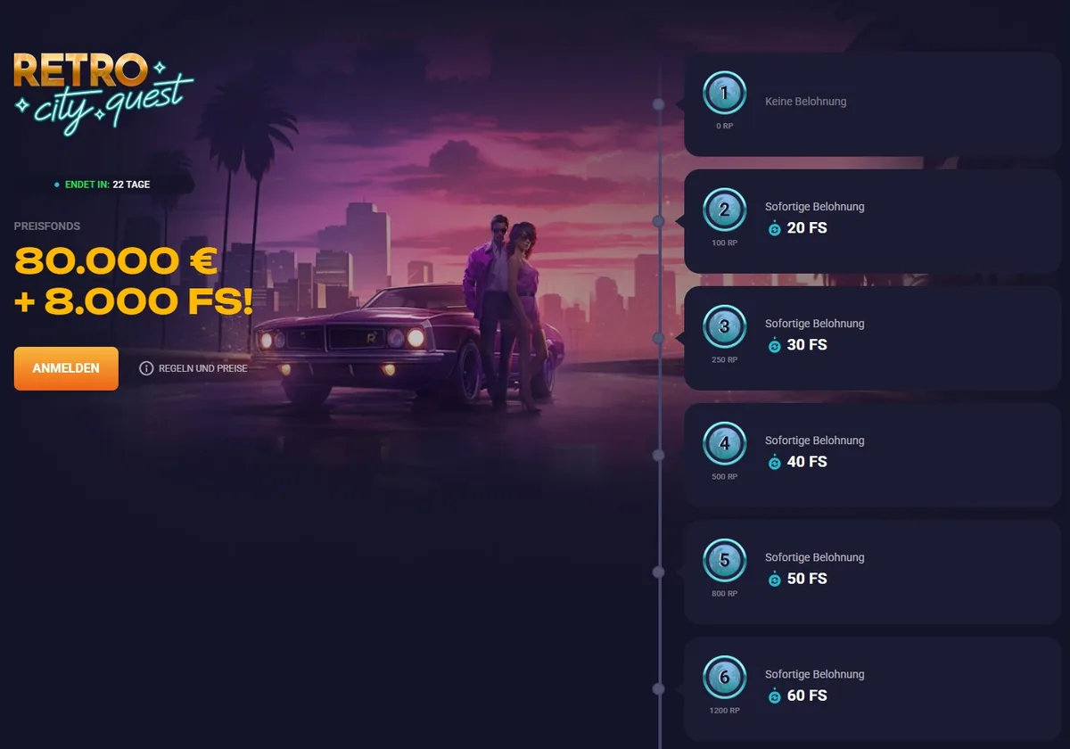 Retrobet Screenshot: Das Turnier „Retro City Quest“ mit 80.000 € Preisfonds