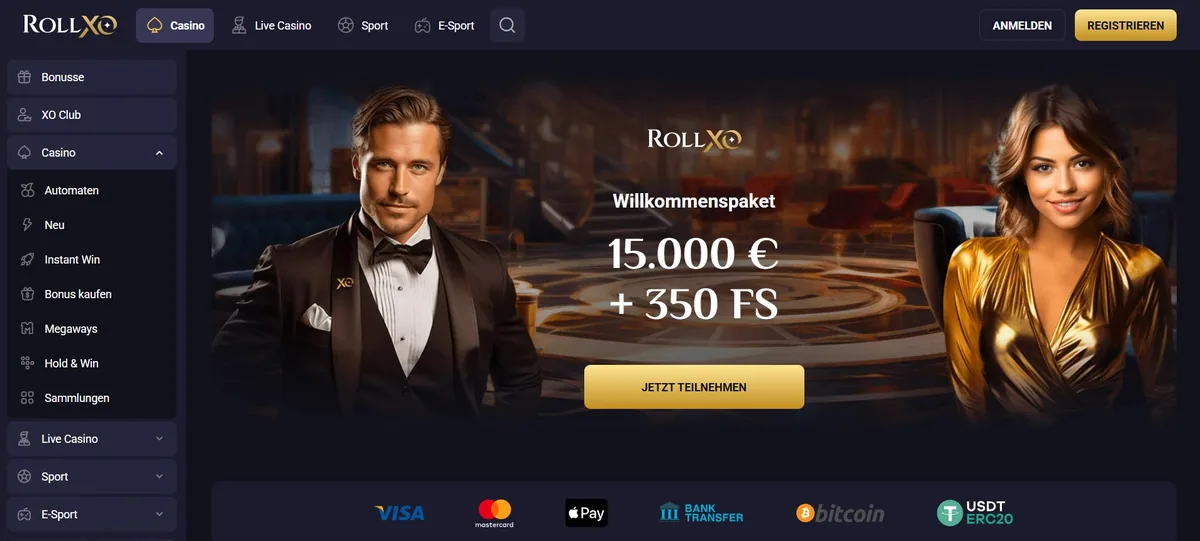 RollXO Screenshot: Die RollXO-Startseite mit Willkommenspaket und allen Zahlungsmethoden