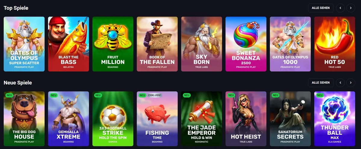 RollXO Screenshot: Die Spielauswahl mit Top-Slots und neuen Titeln von Pragmatic Play und BGaming