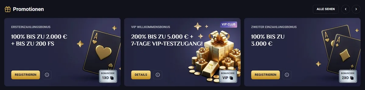 RollXO Screenshot: Bonus-Übersicht mit Ersteinzahlungs-, VIP- und Reload-Bonus inklusive Codes
