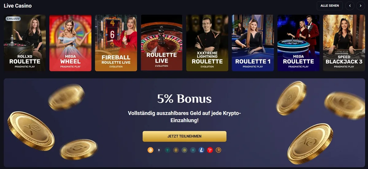 RollXO Screenshot: Das Live-Casino mit Roulette- und Blackjack-Tischen von Evolution