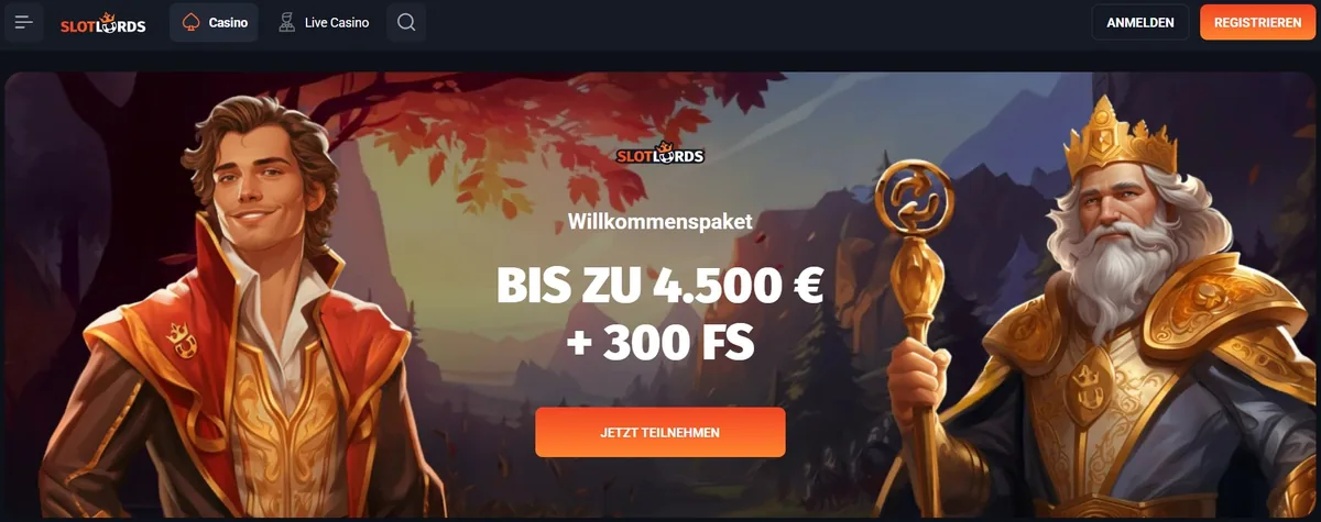 Slotlords Screenshot: Die Startseite von Slotlords mit Willkommenspaket im Fantasy-Design