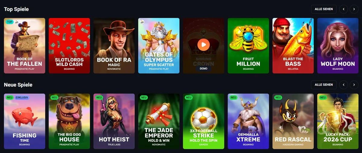Slotlords Screenshot: Spielauswahl mit Top-Slots wie Book of the Fallen, Gates of Olympus und Book of Ra