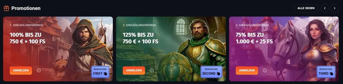 Slotlords Screenshot: Die vier Einzahlungsboni des Willkommenspakets — ohne Bonuscode