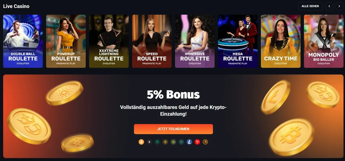 Slotlords Screenshot: Live-Casino mit Roulette-Tischen plus 5 % auszahlbarem Krypto-Cashback