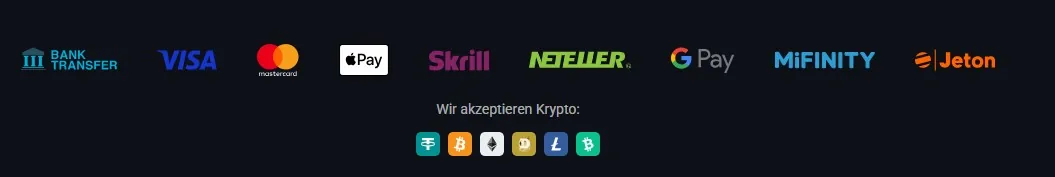 Slotlords Screenshot: Zahlungsmethoden – von Visa und Skrill bis Bitcoin, Ethereum und USDT