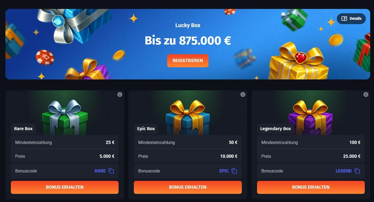 Slotlords Screenshot: Der „Lucky Box“-Bonus-Shop mit Rare-, Epic- und Legendary-Boxen