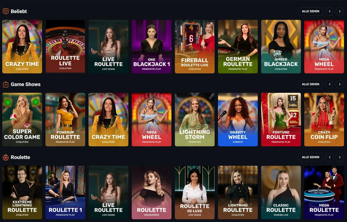 Slotlords Screenshot: Das vollständige Live-Casino mit Beliebt, Game Shows und Roulette