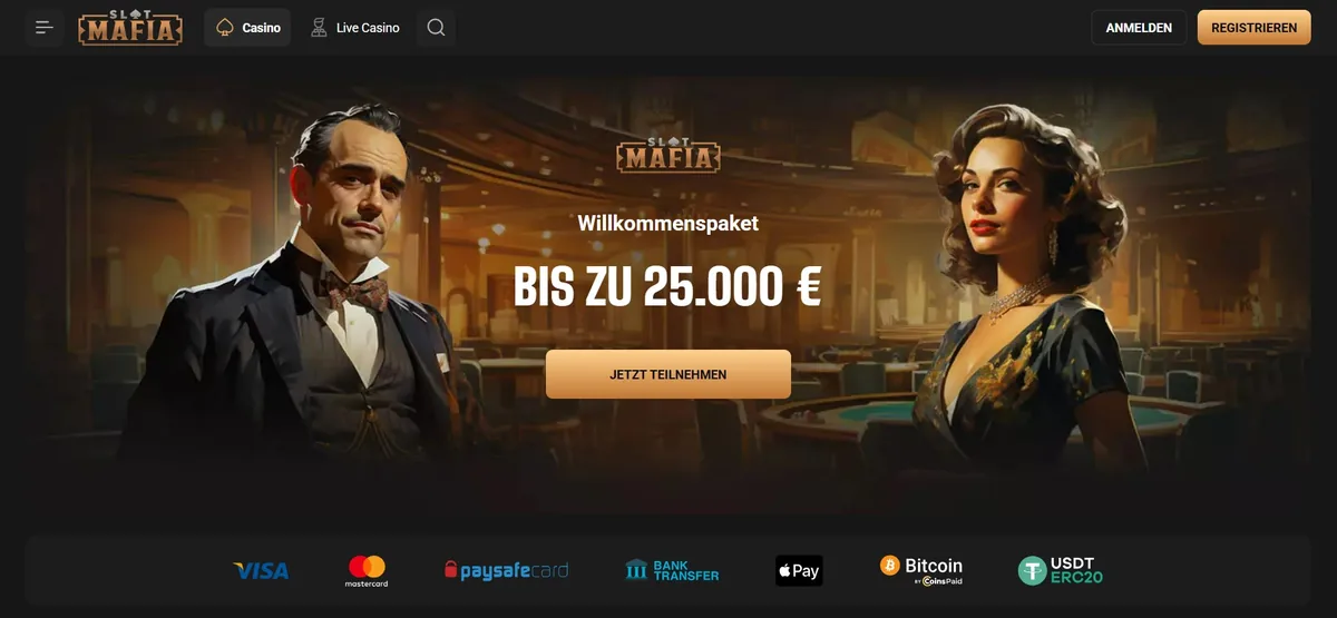 SlotsMafia Screenshot: Die SlotsMafia-Startseite mit Willkommenspaket im Mafia-Design
