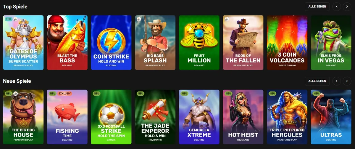 SlotsMafia Screenshot: Spielauswahl mit Top-Slots und neuen Titeln führender Provider