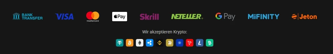 SlotsMafia Screenshot: Zahlungsmethoden inklusive Skrill, Neteller, MiFinity, Jeton und Krypto