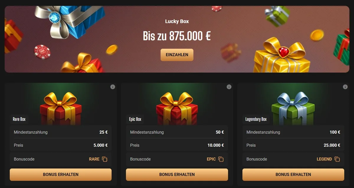 SlotsMafia Screenshot: Der „Lucky Box“-Bonus-Shop mit Rare-, Epic- und Legendary-Boxen